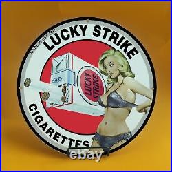 Lucky Strike Gasoline Porcelain Gas Service Station Auto Pump Plate Sign