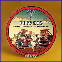 Vintage Ford Boss 302 Porcelain Gas Service Station Auto Pump Plate Sign