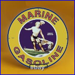 Vintage Marine Yellow Gasoline Porcelain Gas Service Station Pump Plate Sign