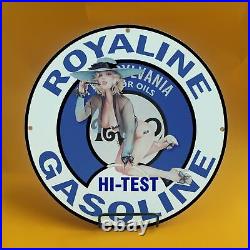 Vintage Royaline Blu Gasoline Porcelain Gas Service Station Auto Pump Plate Sign